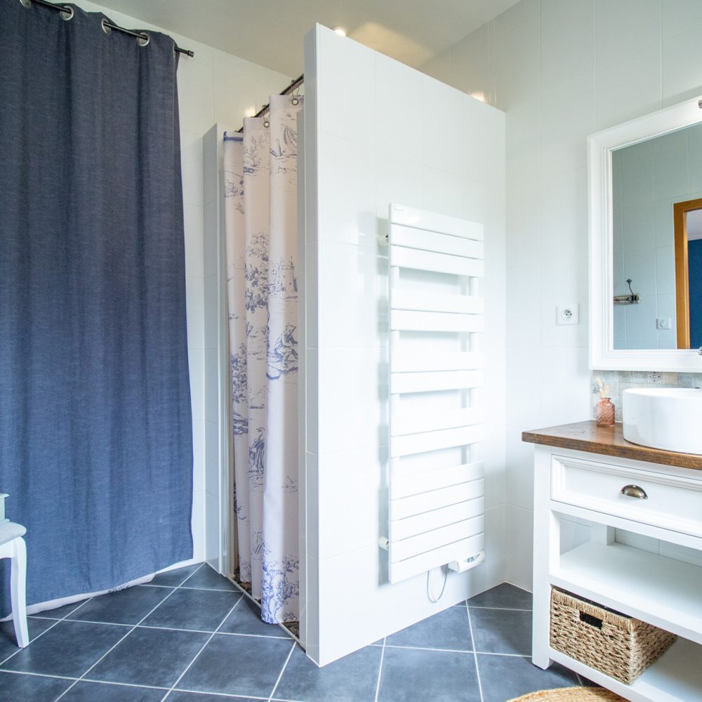Salle de bains de la Chambre Brantôme avec vasque et douche, carrelage sombre