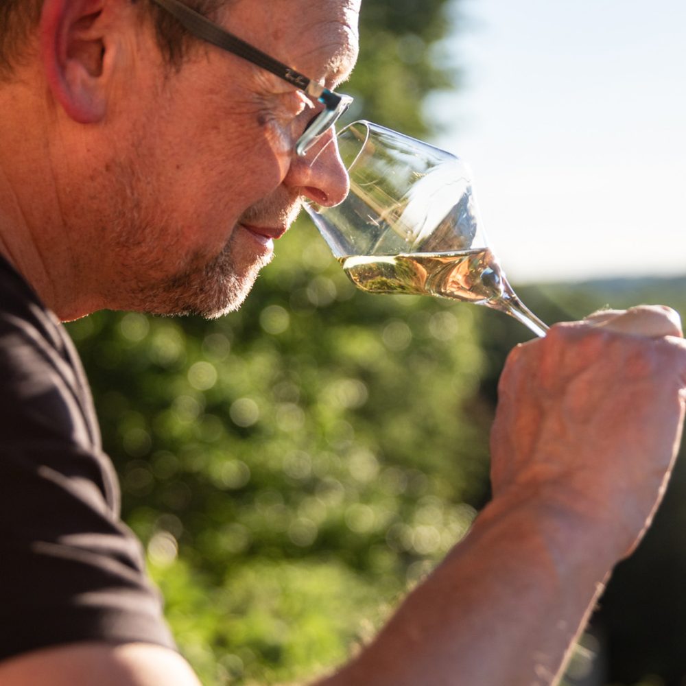 Dégustation d'un verre de vin blanc lors de l'atelier d'œnologie aux Rêveries en Périgord